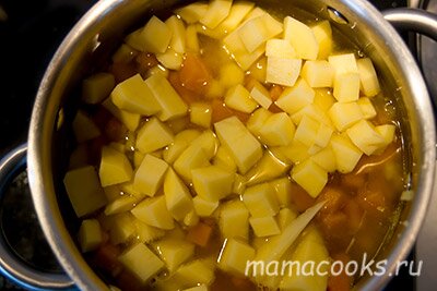<p>Добавьте порезанный кубиками картофель, налейте кипятка, чтобы чуть покрывал овощи и тушите еще 10 минут.</p> 